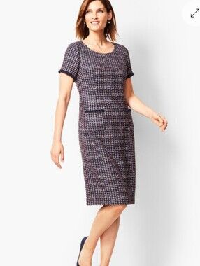 Talbots Classic Navy Multicolor Tweed Shift Dress Size 10 Fringe
